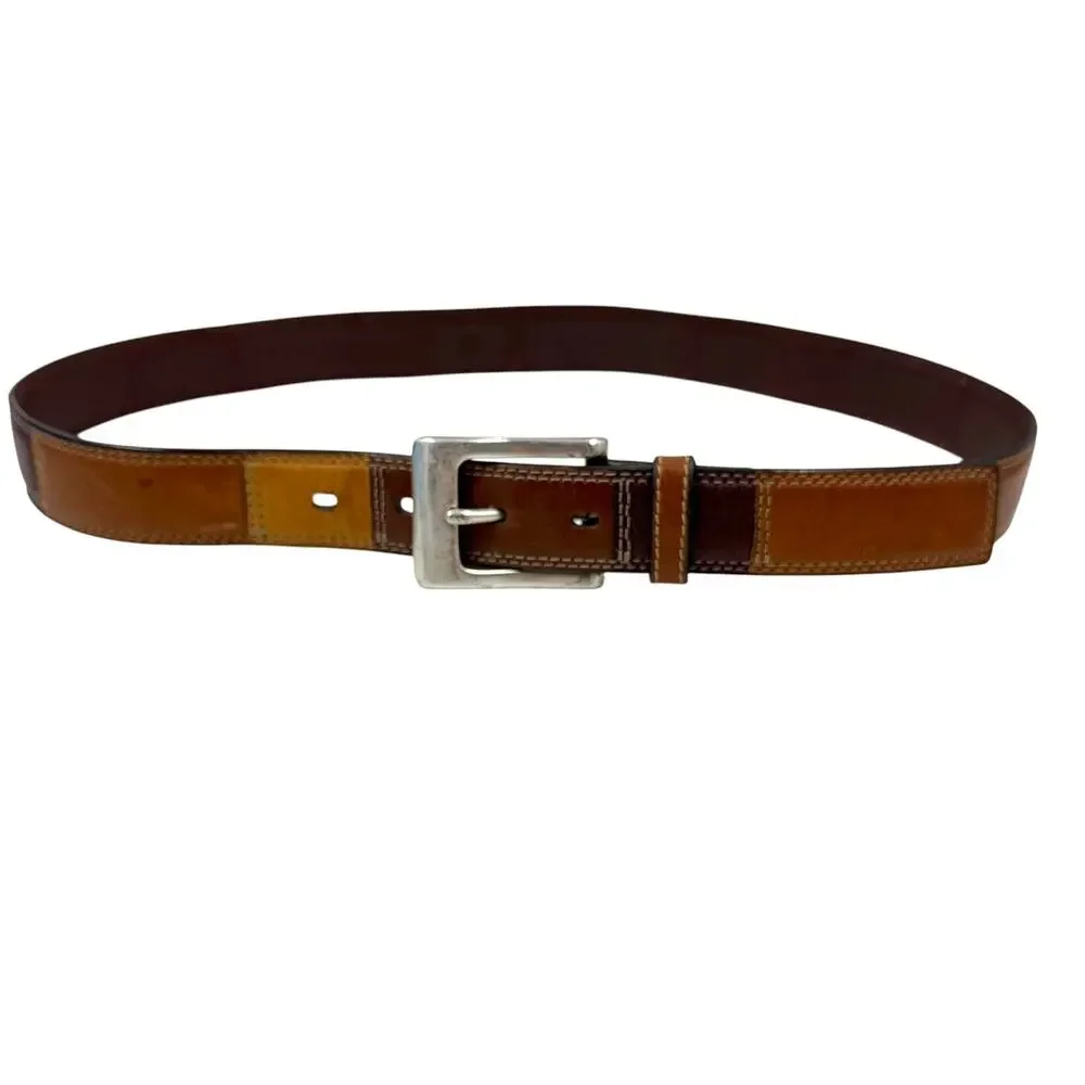Vintage Fossil Womens Brown Leather Patchwork Belt Contrast Stitch Size M Y2K